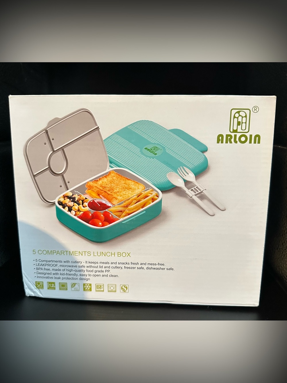 Bento Lunch Box 5 Compartment Leakproof BPA‑Free Microwave Safe w/ Cutlery - NIB